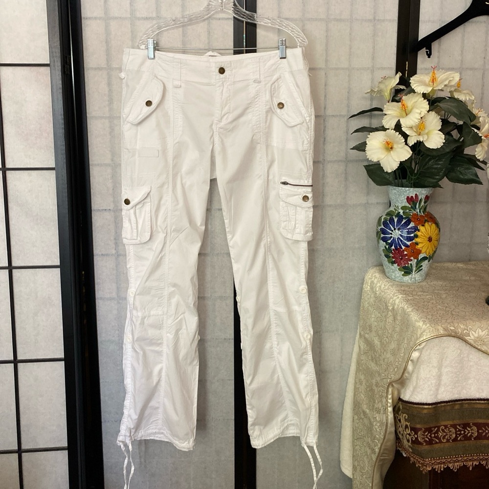 Boston Proper 14 White Detailed Pocket & Zippers Cargo Pants Roll Tab Or Scrunch
